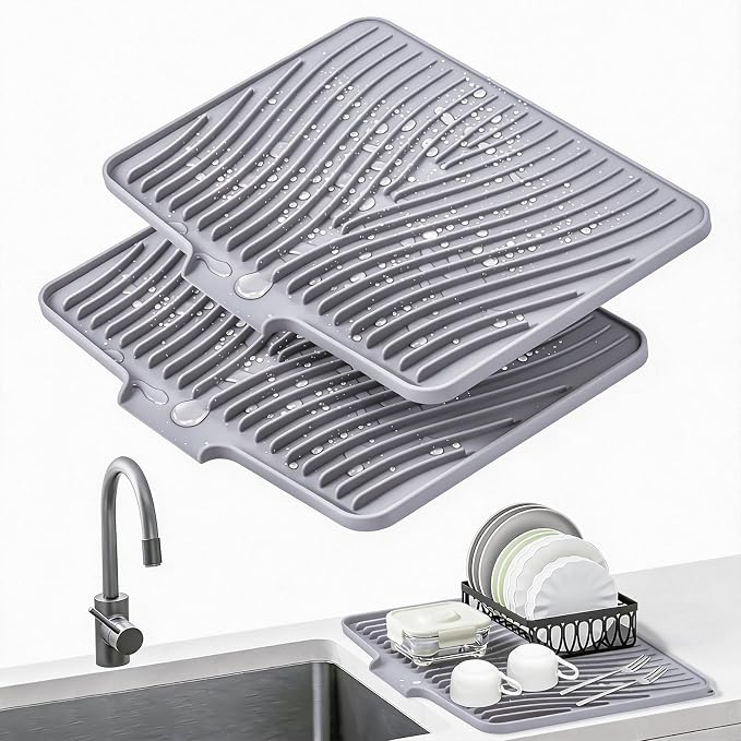TIKNIK Silicone Dish Drying Mat for Kitchen Counter, Grey-2pcs, 20" x 15" | Heat Resistant & Non-Slip Dish Drain Pad with Built-In Drain, Dishwasher Safe, Quick-Dry, Hangable & Roll-Up for Storage