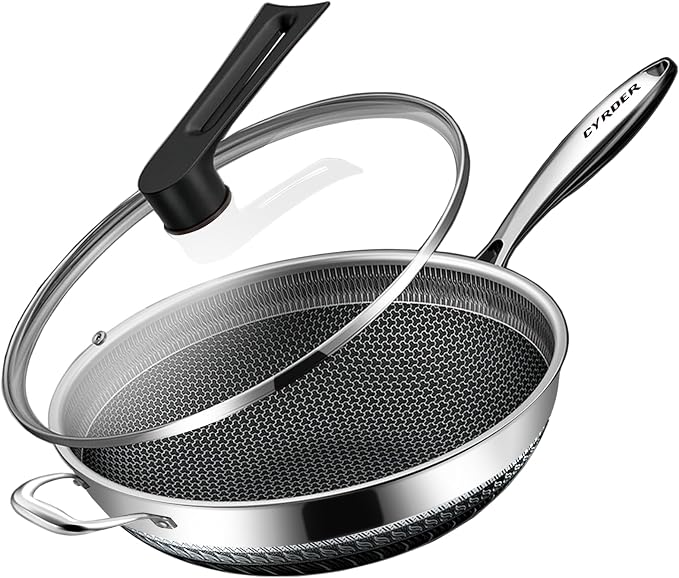 Large Hybrid Nonstick Stainless Steel Pan Skillet, 14.5in | PFOA Free Non-Stick Wok, Dishwasher Oven Safe, Stay Cool Handle, Works with Induction Cooktop/Ceramic/Gas/Electric Stove