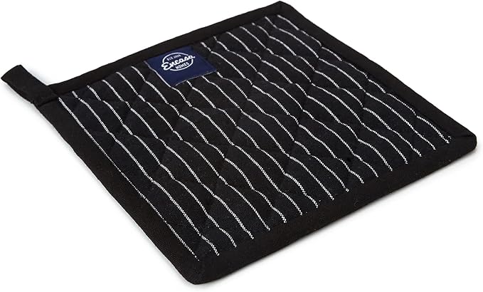 Encasa XO Pot Holders, Quilted Kitchen Hot Pads 8"x8" Butcher Stripes Black | 100% Eco-Friendly Cotton | Thick Cotton Padding Insulation | Convenient Hanging Loop | Set of 2