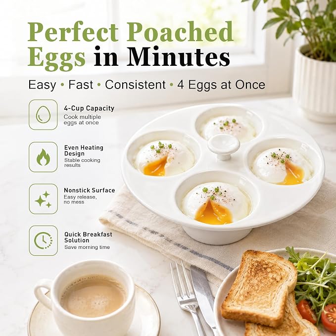 Ceramic Egg Poacher, Egg Poacher Pan Nonstick 4 Eggs For Stovetop | Poached Egg Cooker, Egg Poacher Fits For Stovetop And Microwave Cooking, Nonstick Ceramic Cups Release Eggs Easily And Clean.