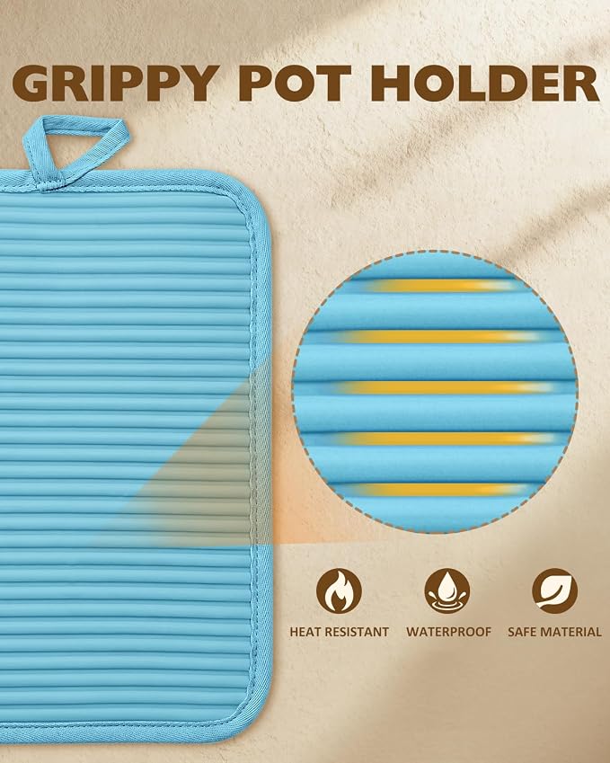 100% Thick Cotton Pot Holders Ribbed Soft Silicone Blue Floral | Stylish Pot Holders with Pockets, Ribbed Soft Silicone, Machine Washable Non-Slip Heat Resistant Hot Pads 2pcs, Kitchen Gift