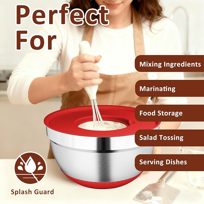 9 Pack Mixing Bowls with Airtight Lids & Grater Attachments, Red | Stainless Steel Bowl, Non-slip Bases, Nesting Kitchen Bowl, Size 5, 4, 3, 2, 1.5,1QT,for Food Prep, Baking, Storage & Serving