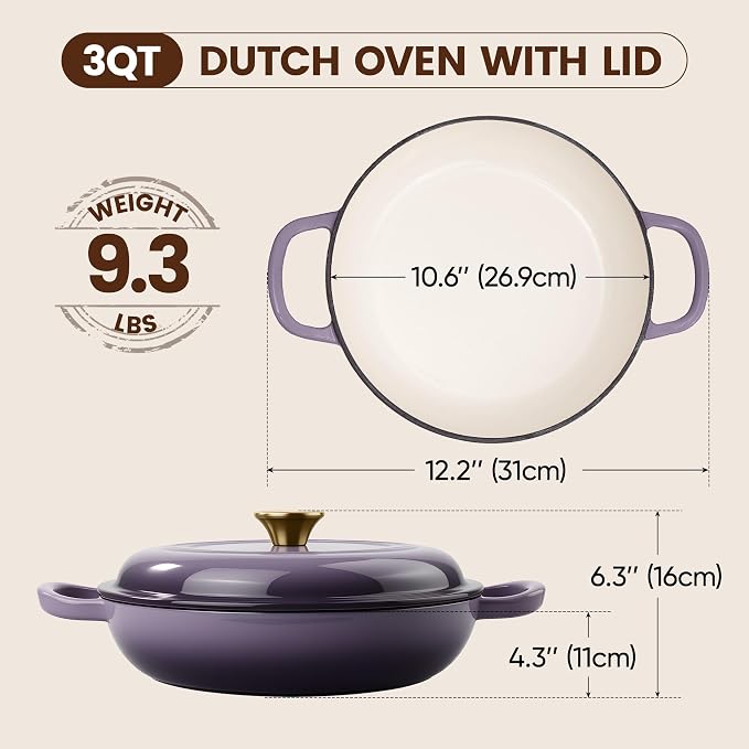 Vintage Style 3 Quart Enameled Cast Iron Braiser, Non Stick Enameled Cast Iron Skillet with Lid, Dutch Oven Skillet with lid up to 500°F for Oven, Stove, Grill, Shallow Dutch Oven for Cook, Bake (Purple)