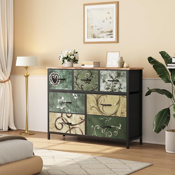 Sweetcrispy 7 Drawer Dresser for Bedroom Storage, Fabric Bins, Floral Print | Anti-Tip Closet Organizer, Wooden Top and Sturdy Steel Frame, Spacious Drawers for Clothes Storage, Hallway Entryway