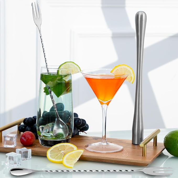 Bar Spoon Cocktail Mixing Stirrers,2Pcs,12” with Trident Fork,Silver | 18/8 Stainless Steel, Double Ended Design, Long Drink Spoons, Trident Fork, for Stirring Coffee & Cocktails
