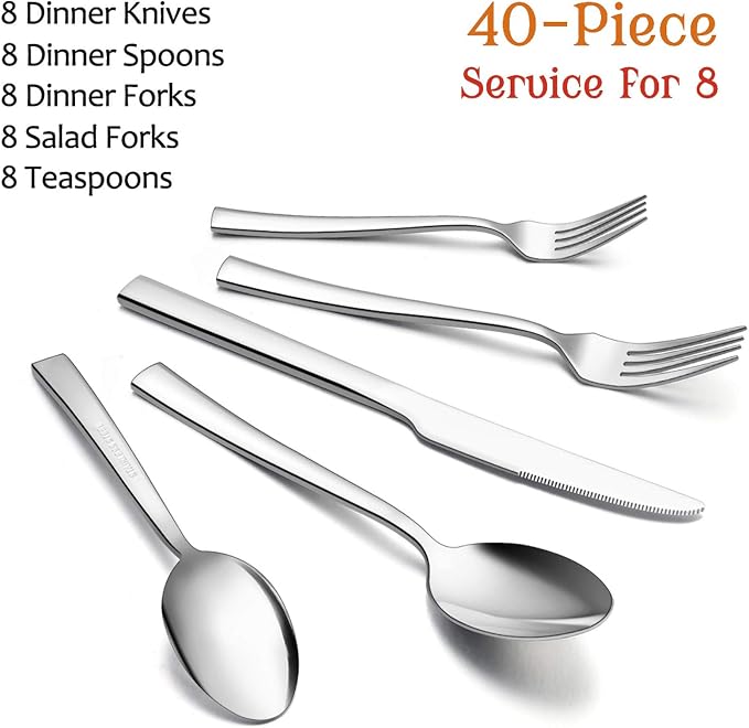 40-Piece Silverware Set, E-far Stainless Steel Flatware Set Service for 8, Modern Tableware Cutlery Set for Home and Restaurant, Square Edge & Mirror Finish, Dishwasher Safe