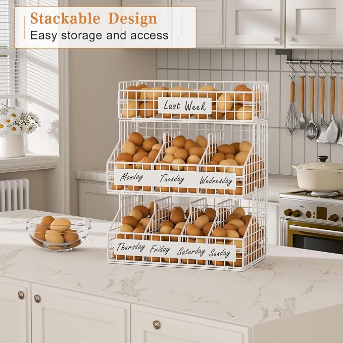 keomaisyto Egg Holder Countertop with 5 Dividers & DIY Nameplate | 3 Tier Stackable Wire Storage Baskets for Gathering Fresh Eggs, Wall-Mounted XXL Egg Rack, White (Patent Pending)