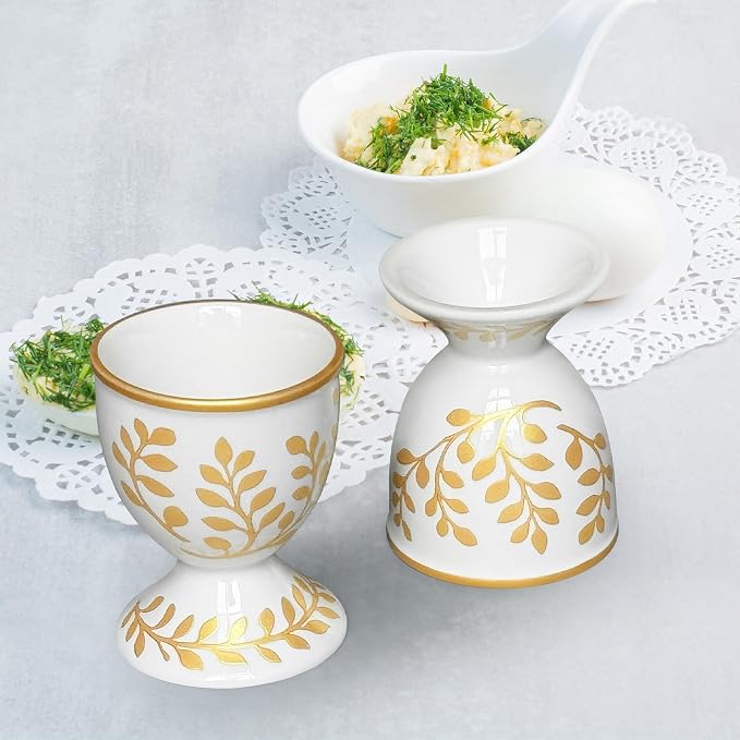 Cinf Ceramic Egg Cups, Set of 2, Champagne Gold Boiled Egg Holders | Set of 2 ceramic egg cups, elegant champagne gold stable base, easy to clean, ideal for boiled eggs and breakfast serving