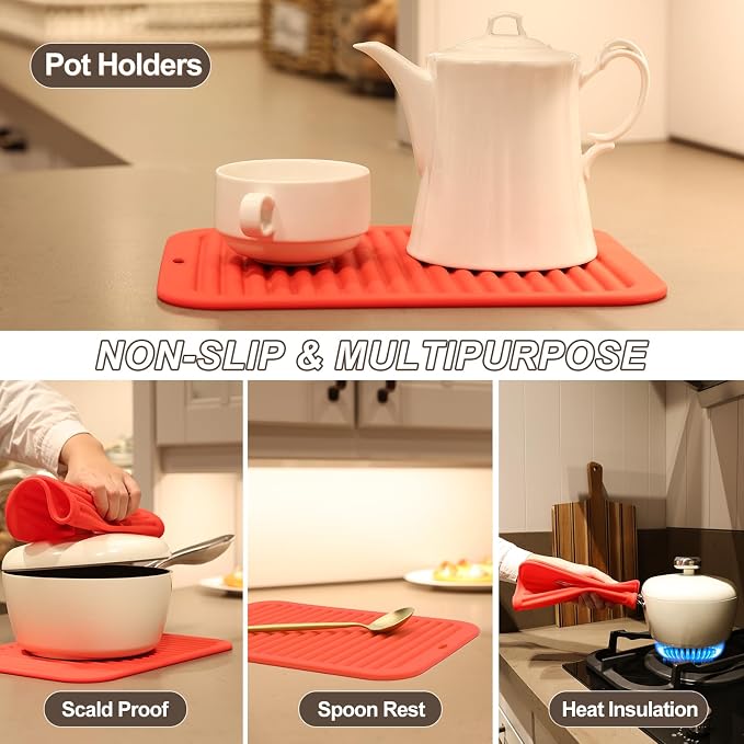 4 Pack Square Silicone Trivets | Hot Pads for Kitchen, Hot Pots and Pans, Hot Dishes, Countertops, Heat Resistance to 480°F, Red