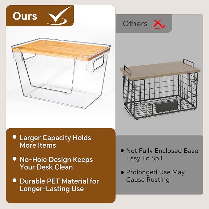 4 Set Pantry Organizers and Storage with Bamboo Lids, Stackable Clear Bins for Onion, Potato, Fruit, Vegetables, Trash Bag Dispenser, Kitchen and Under Sink Organizer