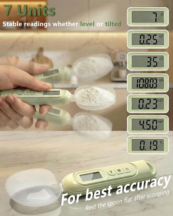 2026 Upgraded Digital Measuring Spoon 【High-Precision 0.01oz·Tested 10000+】 | 【7-Unit】 Baking Scale Digital Kitchen Scale for Baking, Gram Scale for Weight Loss, Large & Small Scoop, Green