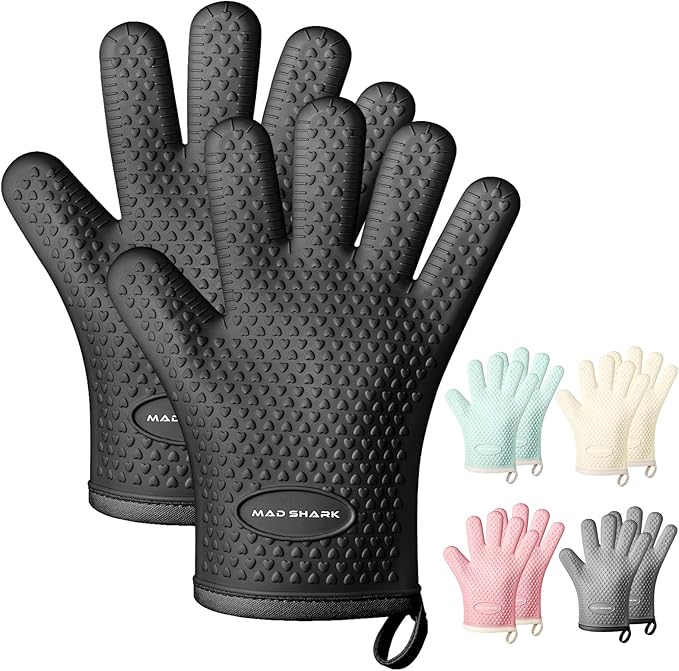 MAD SHARK Silicone Oven Mitts with Fingers Heat Resistant 450°F in Kitchen | Waterproof & Non-Slip Oven Gloves,Cotton Lined Silicone Kitchen Mitts for Baking Cooking Barbecue,Women (Black)