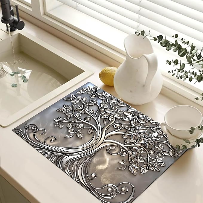 HOMETITUTE Silver Floral Tree Stove Top Cover 28x20 Embossed Diatomite Mat