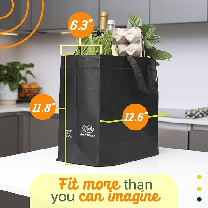 Simply Cool 200 Pack Reusable Grocery Bags, Medium Tote Bags Bulk, Black | 12.6"x6.3"x11.8" Heavy Duty Non-woven Custom Shopping Bags with Handles, Foldable, Washable for Retail and Commercial use