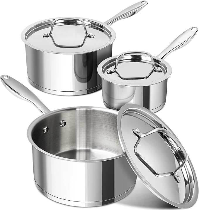 MICHELANGELO Stainless Steel Saucepan Set with Lids, 1QT & 2QT & 3QT Small Sauce Pans, 304 Stainless Steel Sauce Pot Set with Tri-Ply Base, Induction Compatible, Dishwasher Safe, for Milk, Sauce, Soup