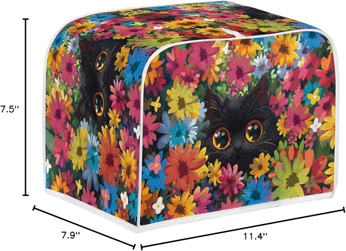 Cat Floral Print Toaster Cover 2 Slice Long Slot, Non Slip Bread Cover Dust Protection, Washable Toaster Accessories