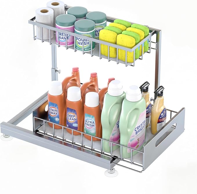 L-Shaped Under Sink Organizer, 2-Tier Pull-out Cabinet Rack 1-Pack | Grey Height-Adjustable Steel Rack, Sliding Grid Drawers with PP Liners, Holds 100 Lbs, Suction Base, Ideal Kitchen Storage