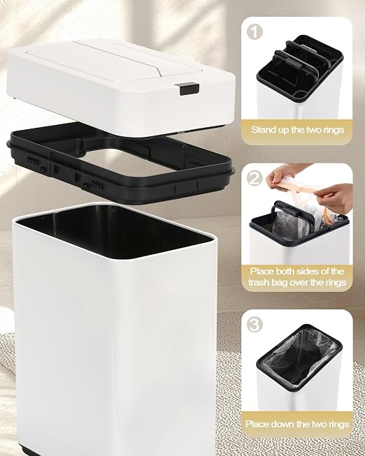 ELPHECO Slim Bathroom Trash Can with Lid 2.6 Gallon Smart Trash Can White | Motion Sensor Butterfly Lid Garbage Can Automatic Stainless Steel Wastebasket Bathroom Decor for Bedroom Office Toilet
