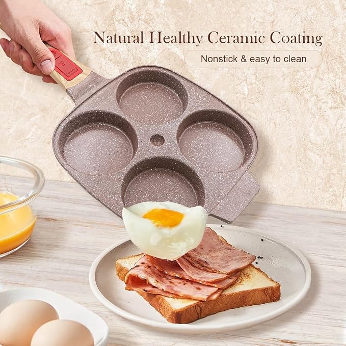 Ceramic Egg Frying Pan with Lid, Nonstick 4 Cup Fried Egg Pan - Brown | Detachable Handle, Omelette Pan Induction Compatible
