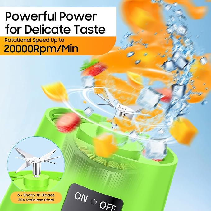 Portable Personal Size Mini Blender - 2026 New Upgrade Smoothies Blender | Small Blender with 380Ml Traveling BAP Free Cup for Sports/Home, 6 Blades Easily Squeeze Fresh Juice, 20000Rpm/Min Speed
