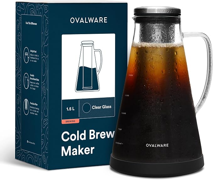 OVALWARE Airtight Cold Brew Coffee Maker with Tea Infuser & Spout 1.5L/51oz | Borosilicate Cold Brew Coffee & Iced Tea Maker with Removable Strainer & Spout | Ideal for Home Baristas & Tea Enthusiasts