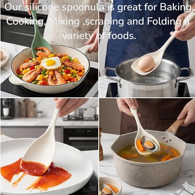 Large Silicone Cooking Spoon 2PC, 12 -inch Non-Stick Spoonula set Deep Bolw & Measurement Mark for Mixing,Serving, Scooping, Scraping, Kitchen Utensils Spoons (White & Green)