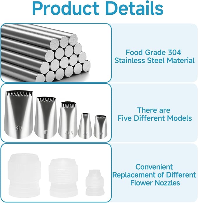8 Pcs Basketweave Piping Tips Set with Couplers, 304 Stainless Steel Flower Piping Tips for Cake Decorating, Cupcakes, Cookies, Frosting, Pastry, Desserts and Baking (3D/1D/895/48/47)