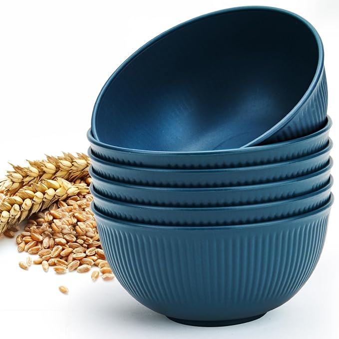 Unbreakable Cereal Bowls 24 oz, Plastic Reusable Light Weight Bowl, Set of 6,Lightweight Bowls Made of Wheat Straw Fiber Ideal for Salad, Soup, Ramen, Noodles, Oatmeal, Rice,Snack
