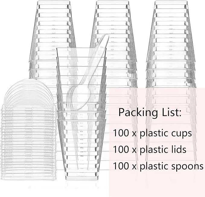 5 oz Plastic Dessert Cups with Lids and Spoons, 100 Pack | Clear Square Mini Reusable Parfait Appetizer Cups, Shooter Serving Cups, Party Dessert Shot Glasses for Tasting