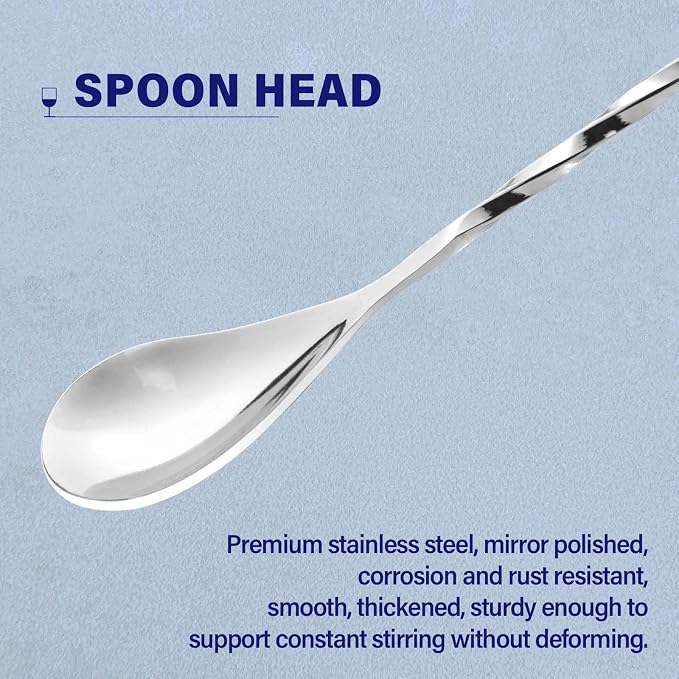 Bar Spoon Cocktail Mixing Stirrers, 6Pcs, 12” Long Handle, Silver | 18/8 Stainless Steel, Long Drink Spoons, for Stirring Coffee & Cocktails