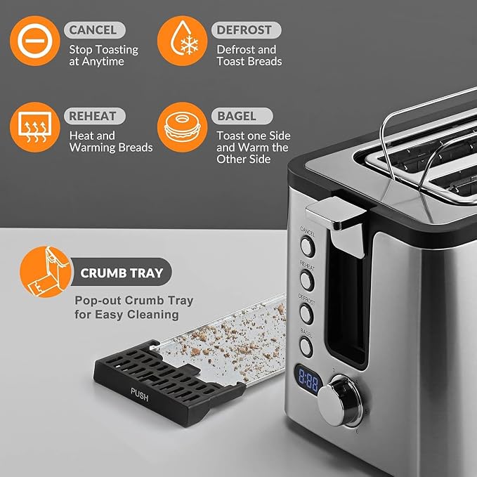 Mecity 4 Slice Toaster, Long Slot Toaster With Countdown Timer, Bagel/Defrost/Reheat/Cancel Functions,Warming Rack, Removable Tray, 6 Browning Settings, Extra Wide Slots, Stainless Steel, 1300W