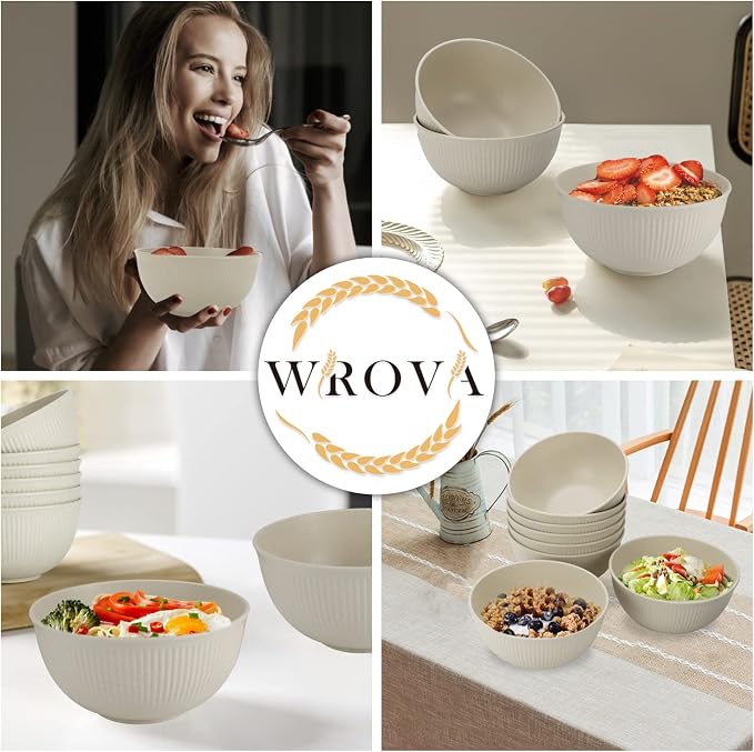 Wheat Straw Cereal Bowls Set, Soup Bowls Microwave Safe for Kid 26 OZ | Unbreakable Bowls for Kitchen, Plastic Bowls Reusable, Dishwasher Safe Bowls for Soup, Salad, Snack, Set of 8, Beige
