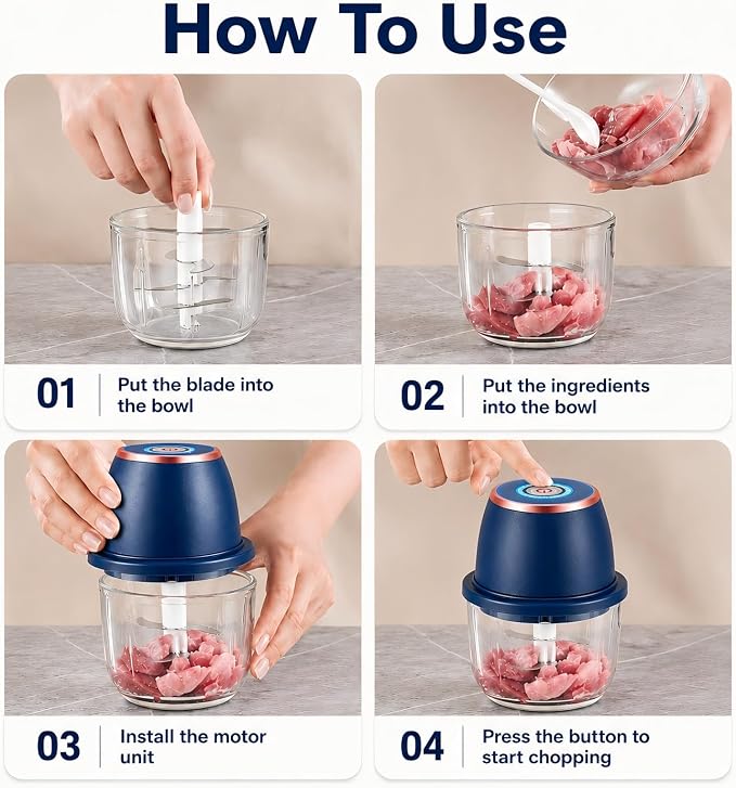 Electric Garlic Chopper, 350ml Mini Food Processor with 6 Stainless Steel Blades & Thickened Glass Bowl, USB Rechargeable Portable Food Grinder for Garlic, Onion, Nuts, Meat, Chili & Fruit(Blue)