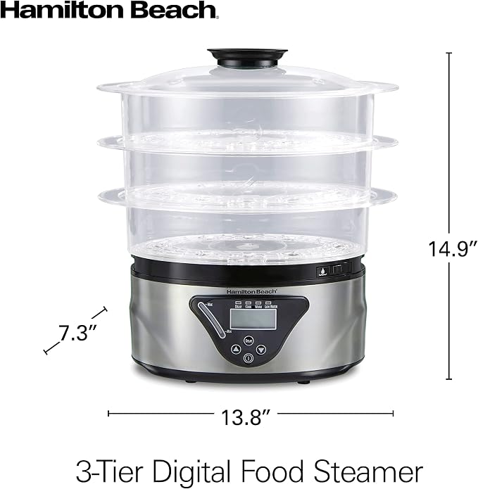Hamilton Beach Digital Electric Food Steamer, Rice Cooker & Egg Boiler | For Quick Healthy Cooking | 8.25 Qt. Stackable Three-Tier Bowls For Vegetables and Seafood | Auto Shutoff | Black & Stainless