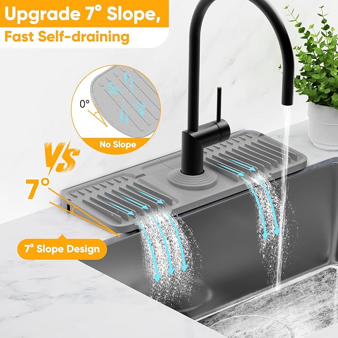 14.6 inch Faucet Mat for Kitchen Sink Splash Guard[7° Slope Fast Self-draining][Snap Lock Fit]Kitchen Sink Faucet Mat Splash Guard Kitchen Sink Area Water Splash Guard Behind Faucet Draining Mat