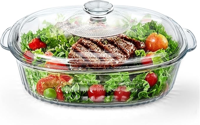 Reasim 2.8L/3Qt Glass Casserole Baking Dish with Lid, Large Oval Glass Casserole Dish with Lid,Mixing Bowl Food Container,Oven,Freezer&Microwave Safe,Clear Container
