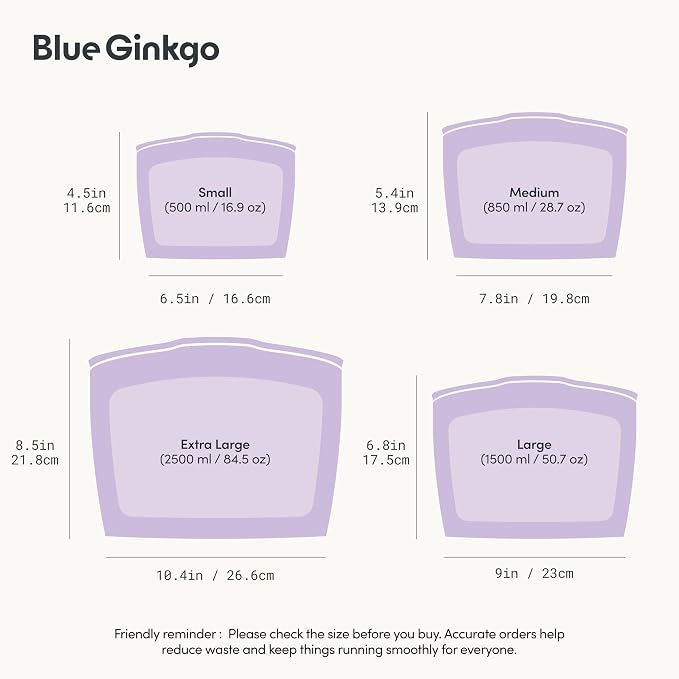 Blue Ginkgo Silicone Food Storage Bags, 4-Pack, Reusable, Made in Korea | Leakproof. Stand Up. Freezer and Dishwasher Safe. (Lavender)