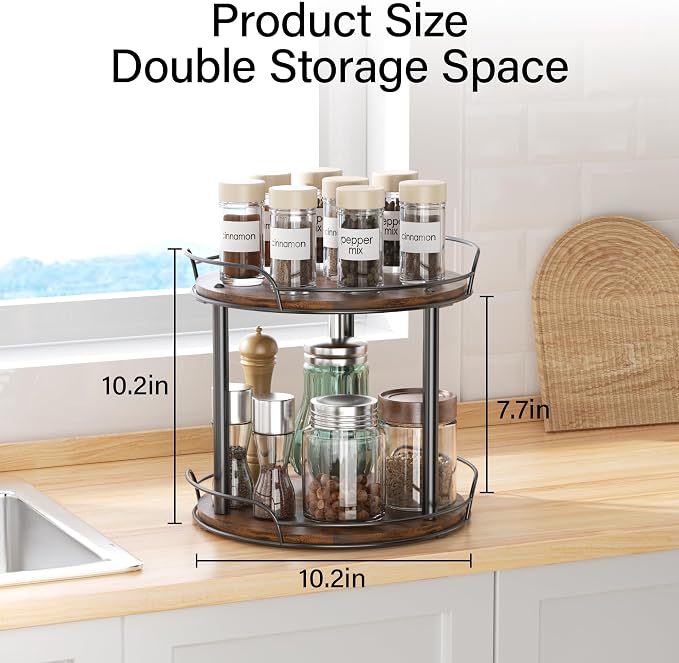 10'' Lazy Susan Turntable Organizer, 2-Tier Rotating Spice Rack | Wooden Lazy Susan for Cabinet, Table Top, Kitchen Countertop, Pantry, Bathroom, Vanity, Home Decor