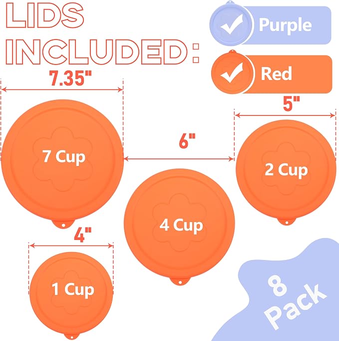 LUVCOSY 1 Cup 2 Cup 4 Cup 7 Cup Round Silicone Replacement Lids for Pyrex 7202-PC, 7200-PC, 7201-PC, 7402-PC Glass Bowls, 8 Pack Storage Cover, Microwave & Dishwasher & Freezer Safe