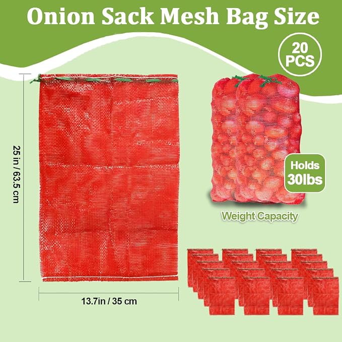 20 Pack 25''x14'' Large Mesh Onion Bags for Produce & Firewood | Reusable Breathable; with Drawstring Closure; Holds up to 30lbs; Ideal for Onions, Potatoes, Crawfish, Firewood Storage