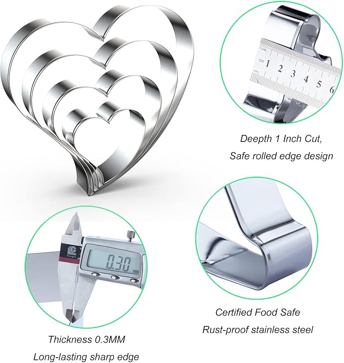 Heart Cookie Cutter Set Large/Small/Mini - 5 Inch, 4 Inch, 3 Inch, 2 Inch - 4 Piece Valentine's Heart Shaped Cookie Cutters Shapes Biscuit Molds for Baking - Stainless Steel