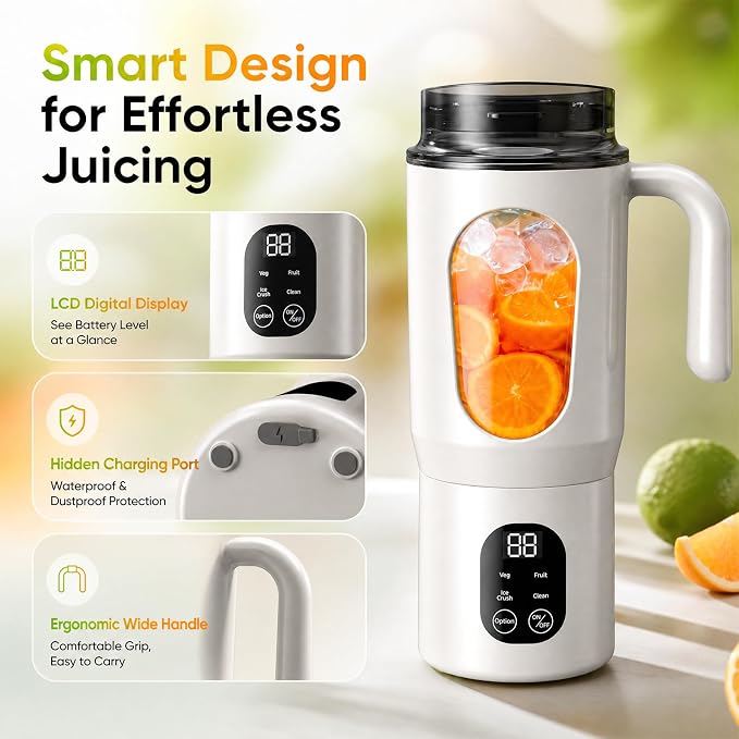 20 oz Portable Blender, 12-Blade USB-C Rechargeable, White | Personal mixer cup with handle for shakes, smoothies, protein drinks, fruit and small ice, self-cleaning design
