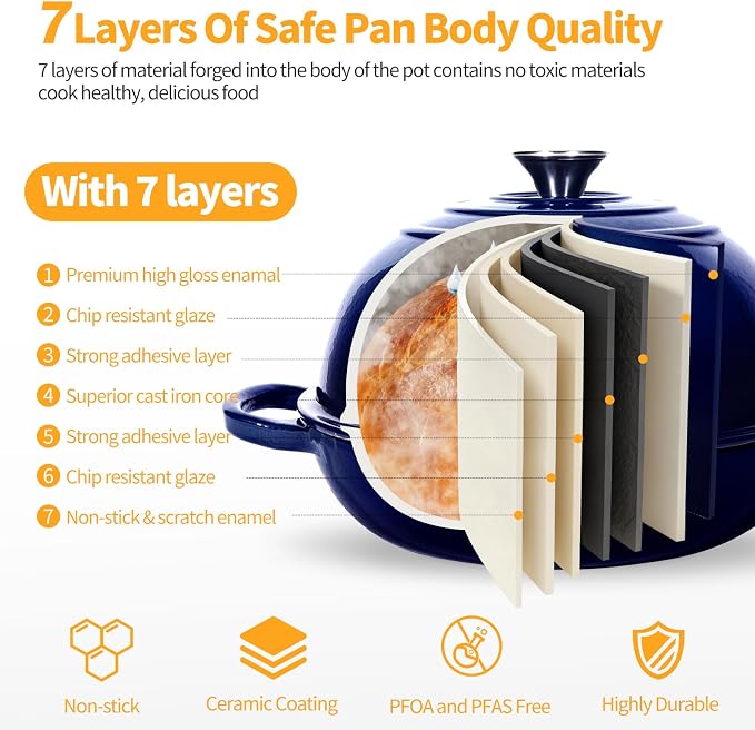 6QT Enameled Cast Iron Dutch Oven For Sourdough Bread Baking | Dutch Oven Pot With Lid,Non-stick Sourdough Baking Pan with Bread Dome,Round Ceramic Dutch Oven Pot for Homemade