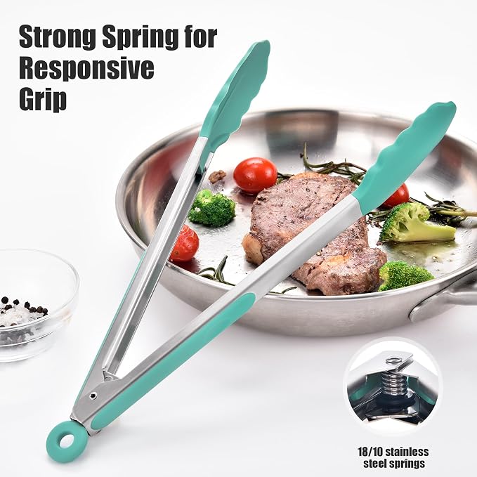 Doosu Kitchen Tongs with Silicone Tips for Cooking Serving (12in, Aqua Sky) | 600°F Heat Resistant Food Tong, Heavy Duty Stainless Steel Locking Tong for BBQ, Grilling Steak, Salad, Toast, Pasta