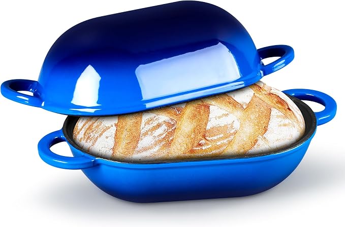 TeamFar Enameled Cast Iron Bread Loaf Pan, 2 QT Oval Dutch Oven with Lid | for Sourdough Bread Baking, Enameled Meatloaf Loaf Baking Pan with Lid, Even Heat Distribution & Self-Basting, Blue