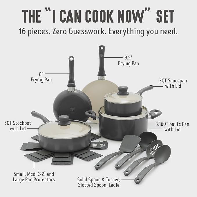 GreenLife 16pc Ceramic Nonstick Pots & Pans Cookware Set, Graphite Black | PFAS-Free Nonstick Coating, Stockpot, Frying Pans, Saucepan, Sauté, Induction Ready, All Stovetop Compatible, Dishwasher Safe