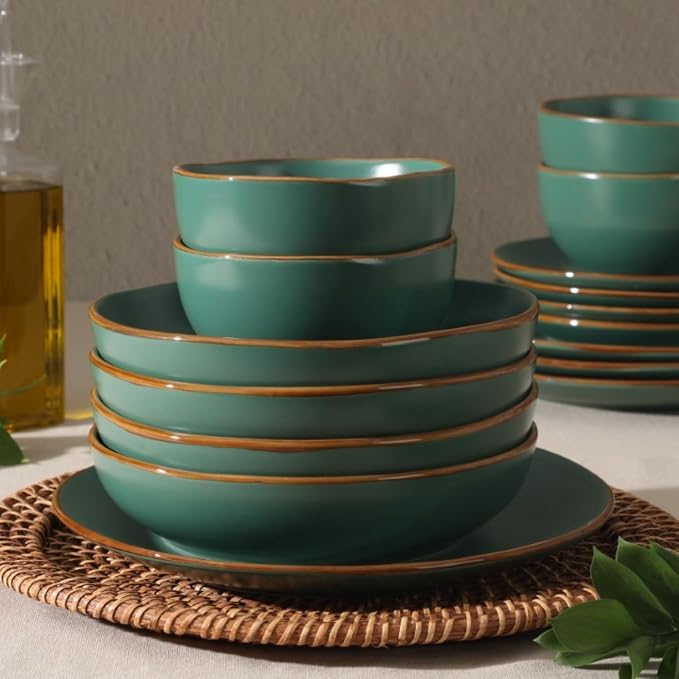 Gibson Home Hazeltine 16-Piece Green Stoneware Dinnerware Set – Plates and Bowls, Durable Ceramic Kitchen Dinner Set