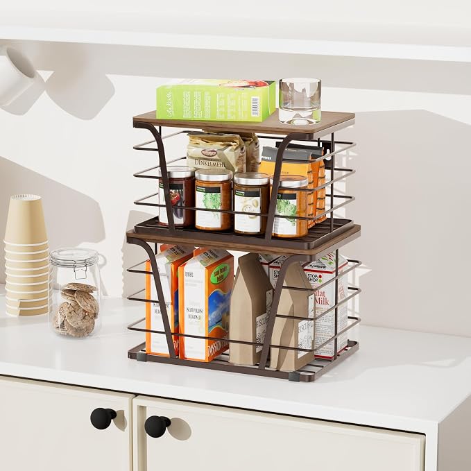 TIDIIABODE Extra Large 2 Pack Potato and Onion Storage Bins,Stackable Storage Pantry Organizers, Kitchen Storage Bins for Potato and Onion, Wall Mount Trash Bag Holder with Bamboo Top, Brown