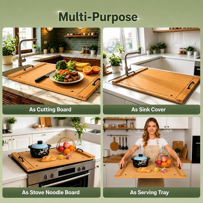 Simba Core & Craft Noodle Board Stove Cover, Bamboo Wood Stove Top Cover for Electric Stove & Gas Burners, 30" x 22" Kitchen Decor for Countertop/Sink Cover/RV Cutting Board & Serving Tray