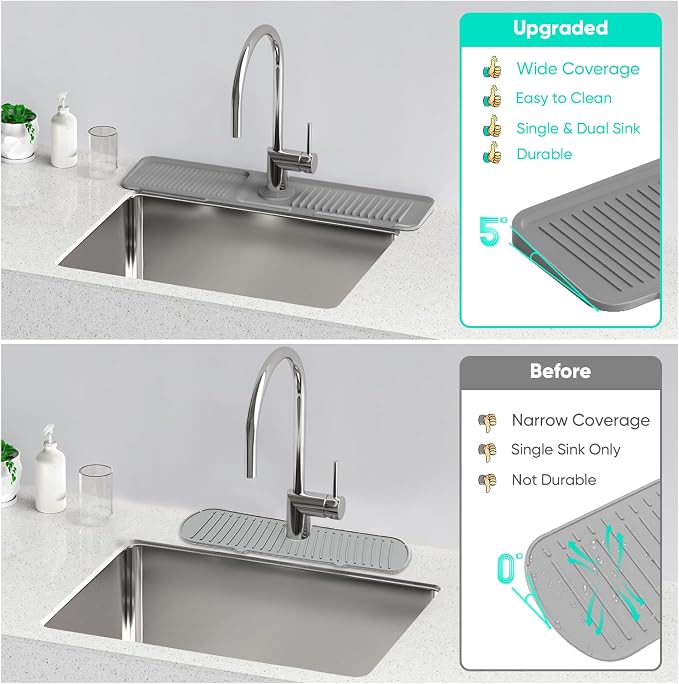 24 Inch Longer Faucet Mat for Kitchen Sink [5° Slope Fast Self-draining]Bathroom Kitchen Sink Splash Guard Silicone Sinks Faucet Mat Splash Guard for Kitchens Sinks Area Tidy Splashs Draining Mats